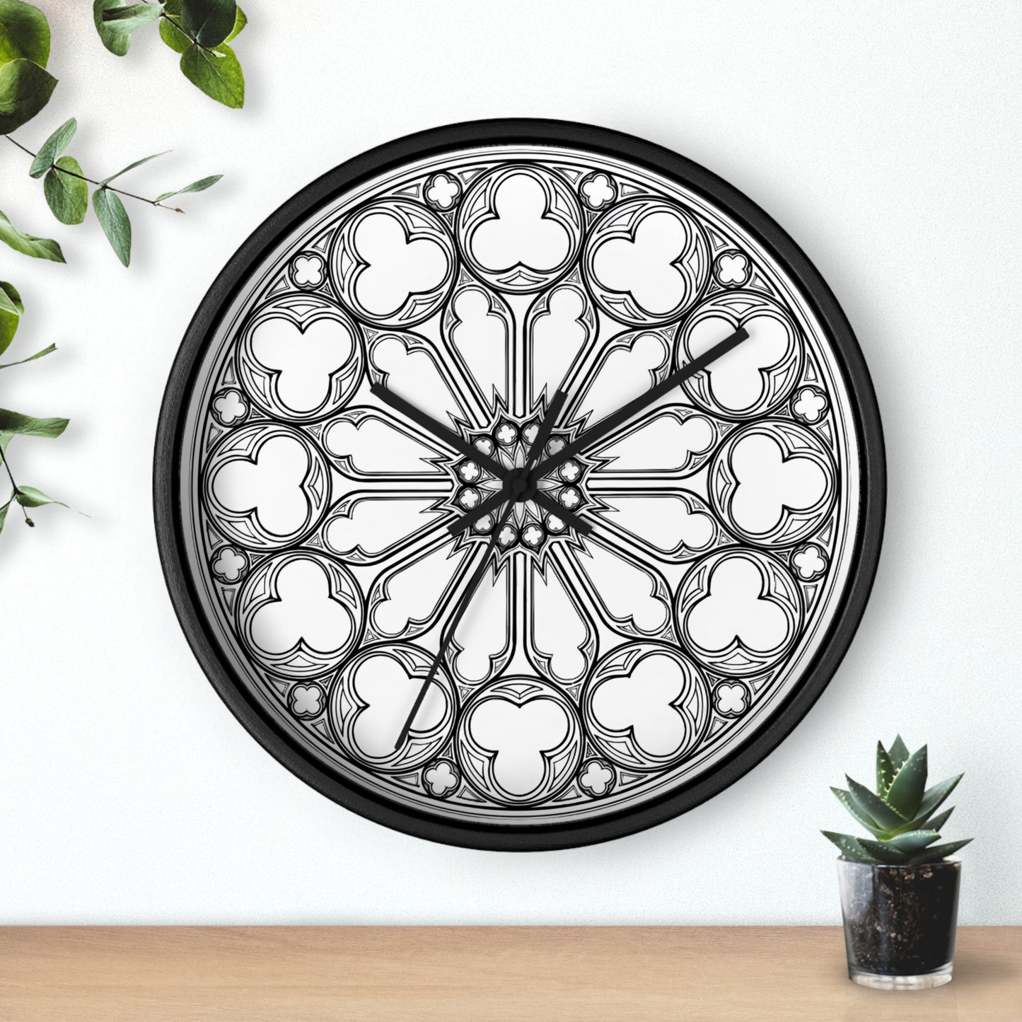 White Cathedral Noir Wall Clock, Gothic Rose Window