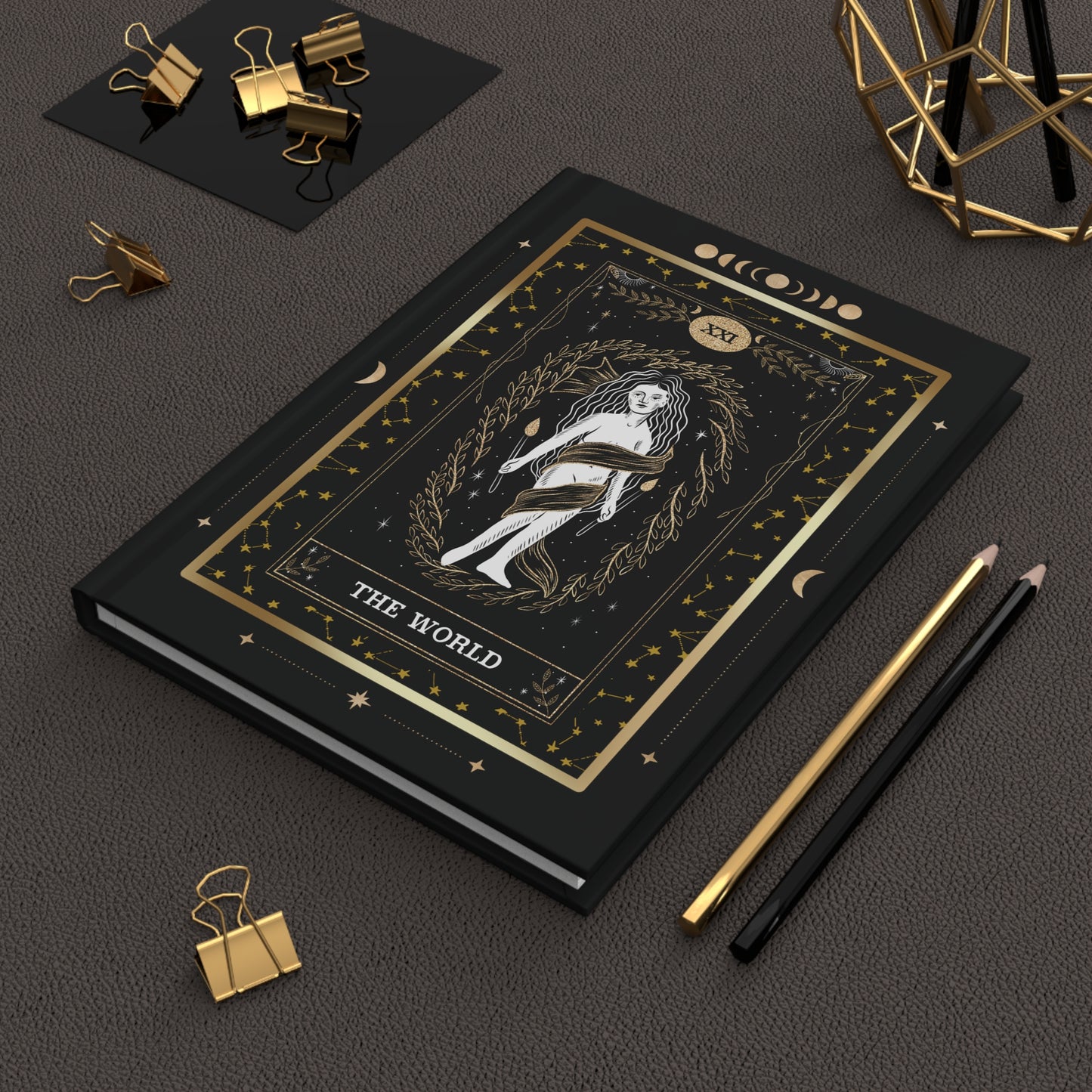 THE WORLD - Tarot Card Hardcover Journal Matte | Black Gold