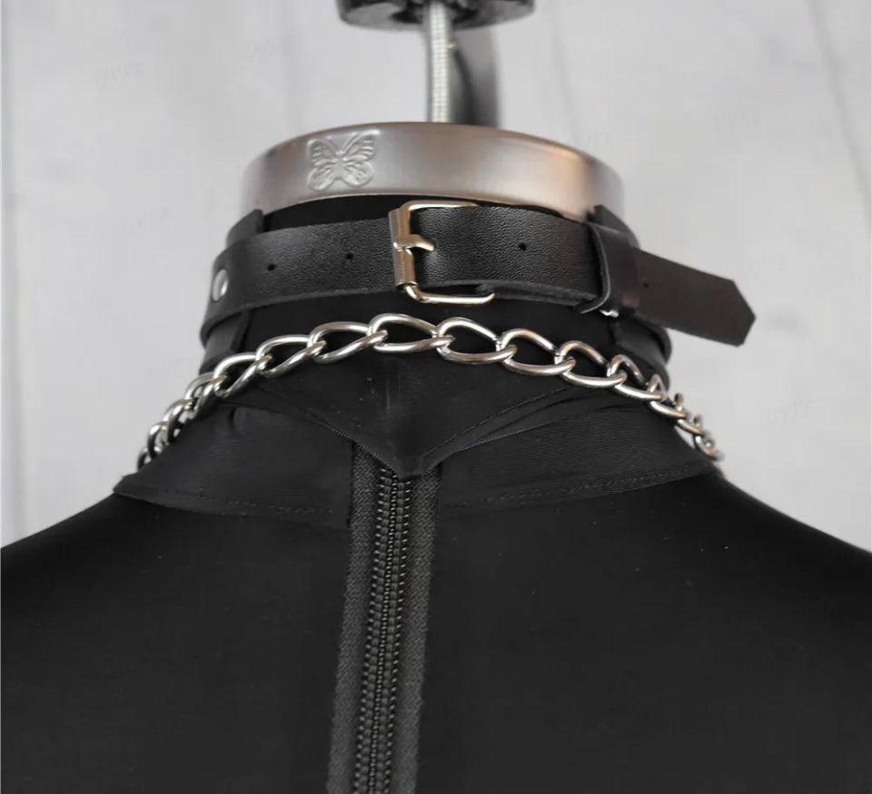 Nyx - PU Leather Neck Harness, Choker Necklace, Gothic Collar With Leash