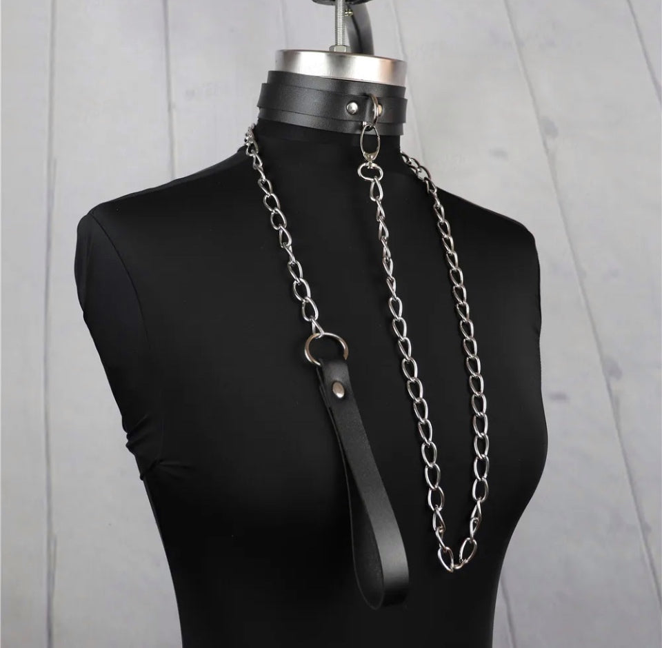 Nyx - PU Leather Neck Harness, Choker Necklace, Gothic Collar With Leash