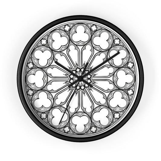 White Cathedral Noir Wall Clock, Gothic Rose Window