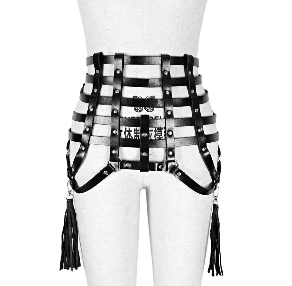 Umbra - Gothic Bondage Belt , PU Leather Harness, Tassel Skirt Belt