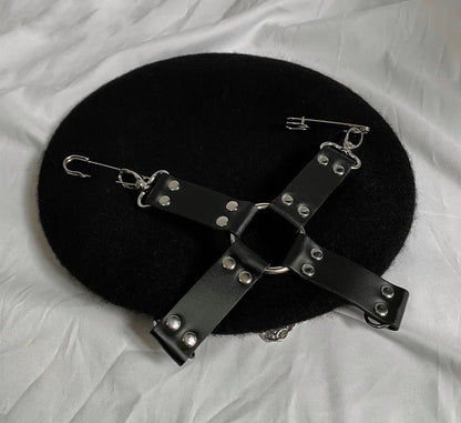 Gothic Handmade Pu Cross Buckles Movable Pins Women's Beret Punk Hat