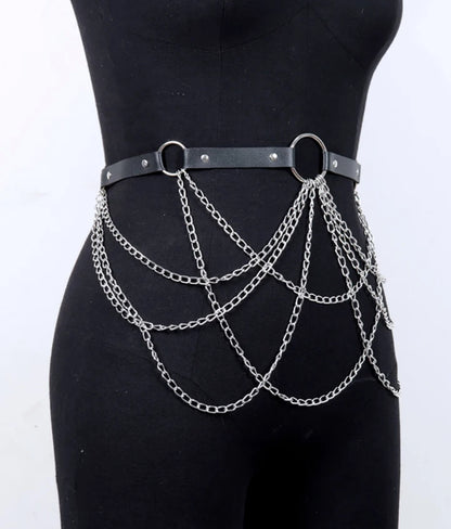 Lilura - Gothic Layered Chains Belt, Pu Leather, O-Ring