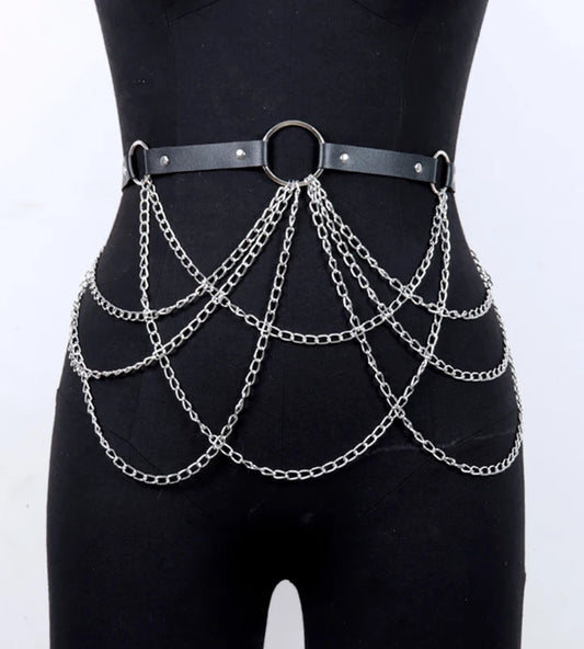 Lilura - Gothic Layered Chains Belt, Pu Leather, O-Ring