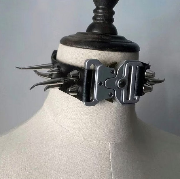 Urban Vanguard - Handmade Irregular Rivets Buckle Pu Leather Choker Techwear