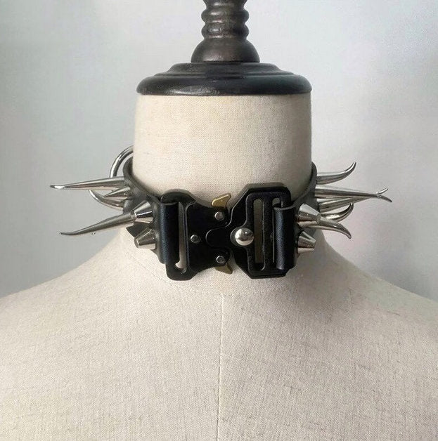 Urban Vanguard - Handmade Irregular Rivets Buckle Pu Leather Choker Techwear