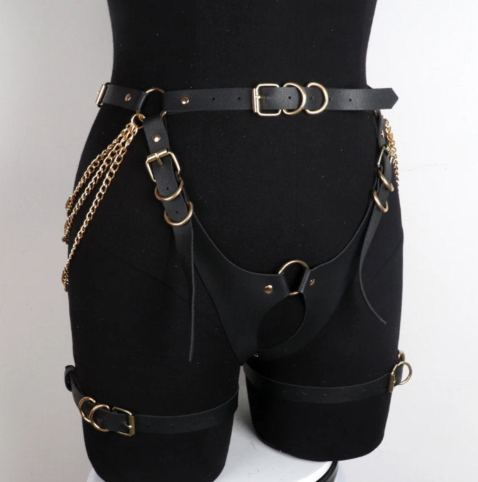 Vinea - Gothic PU Leather Chains Bottom Harness Belt