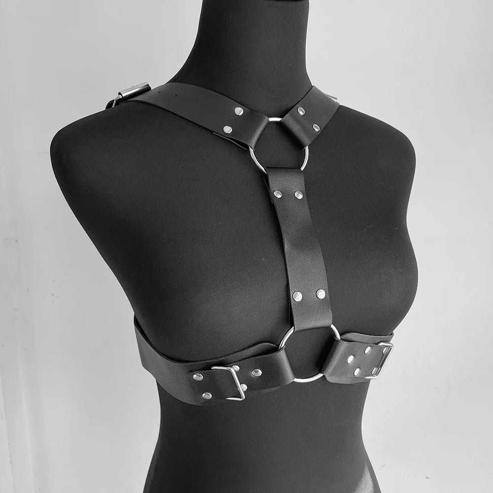 Cimeies - Gothic PU Leather Chest Harness, O-Rings