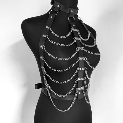 Lyra - Layered Chains Gothic PU Leather Chest Harness Belt