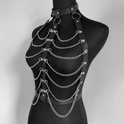 Lyra - Layered Chains Gothic PU Leather Chest Harness Belt