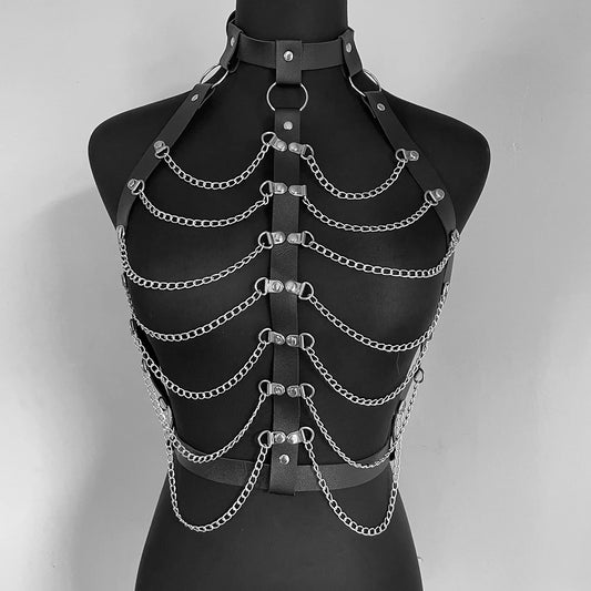 Lyra - Layered Chains Gothic PU Leather Chest Harness Belt