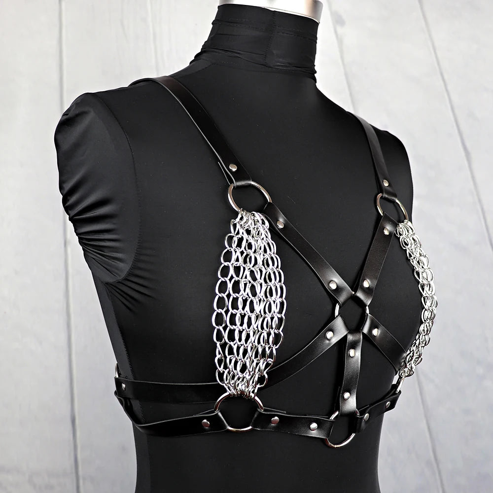 Lilitu -Gothic Chest Harness with Chains, PU Leather