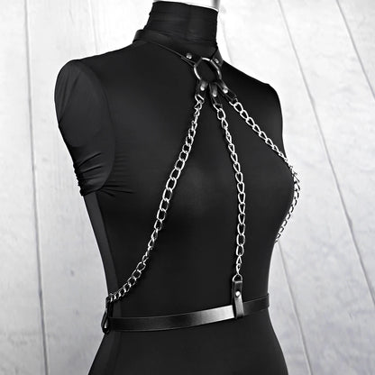 Moira - Gothic Waist To Neck, 3 Chains Link , Big Ring Chest Harness , PU Leather