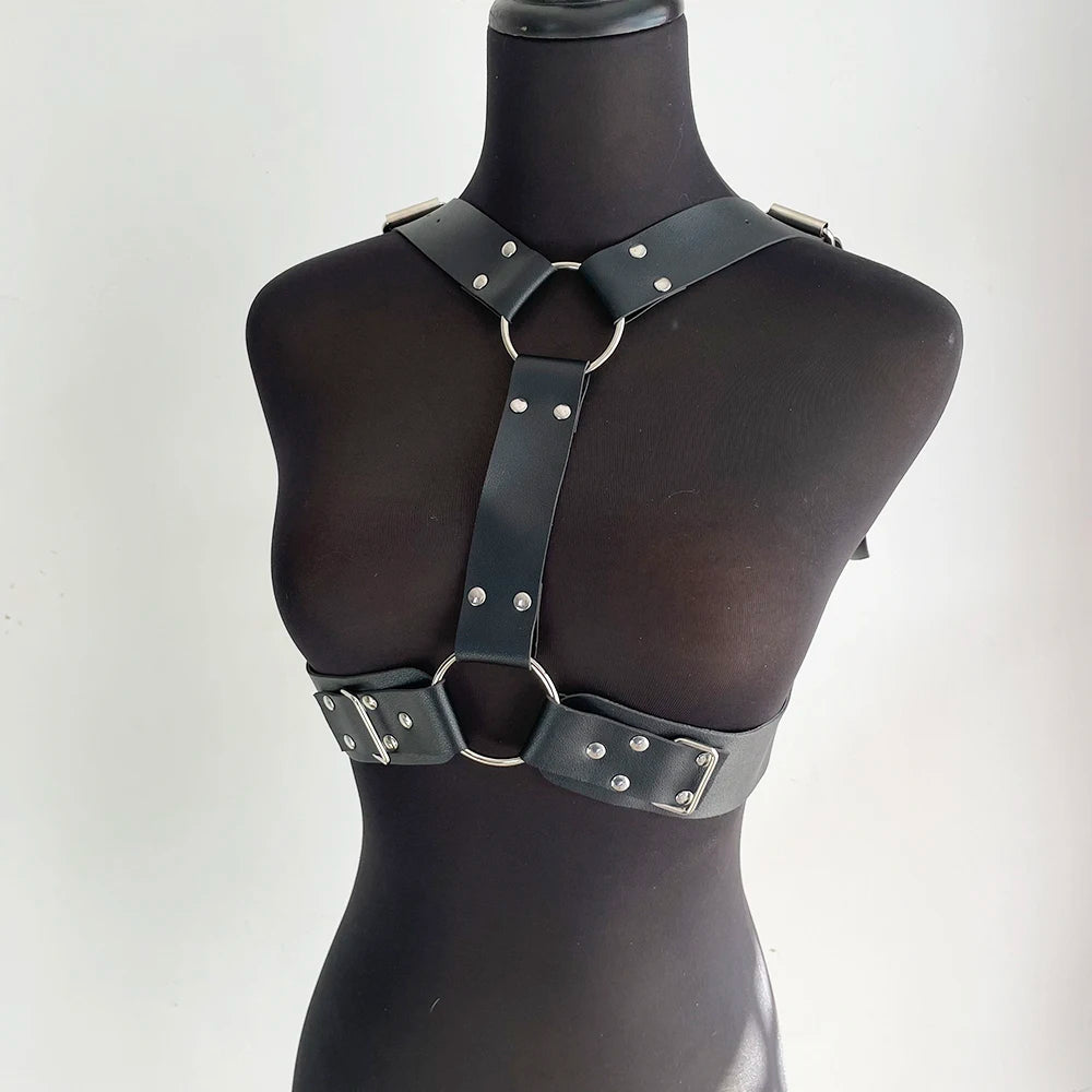 Cimeies - Gothic PU Leather Chest Harness, O-Rings