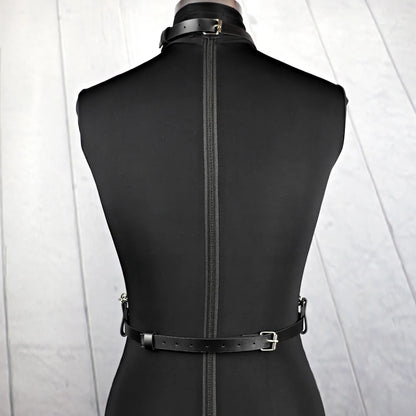 Moira - Gothic Waist To Neck, 3 Chains Link , Big Ring Chest Harness , PU Leather