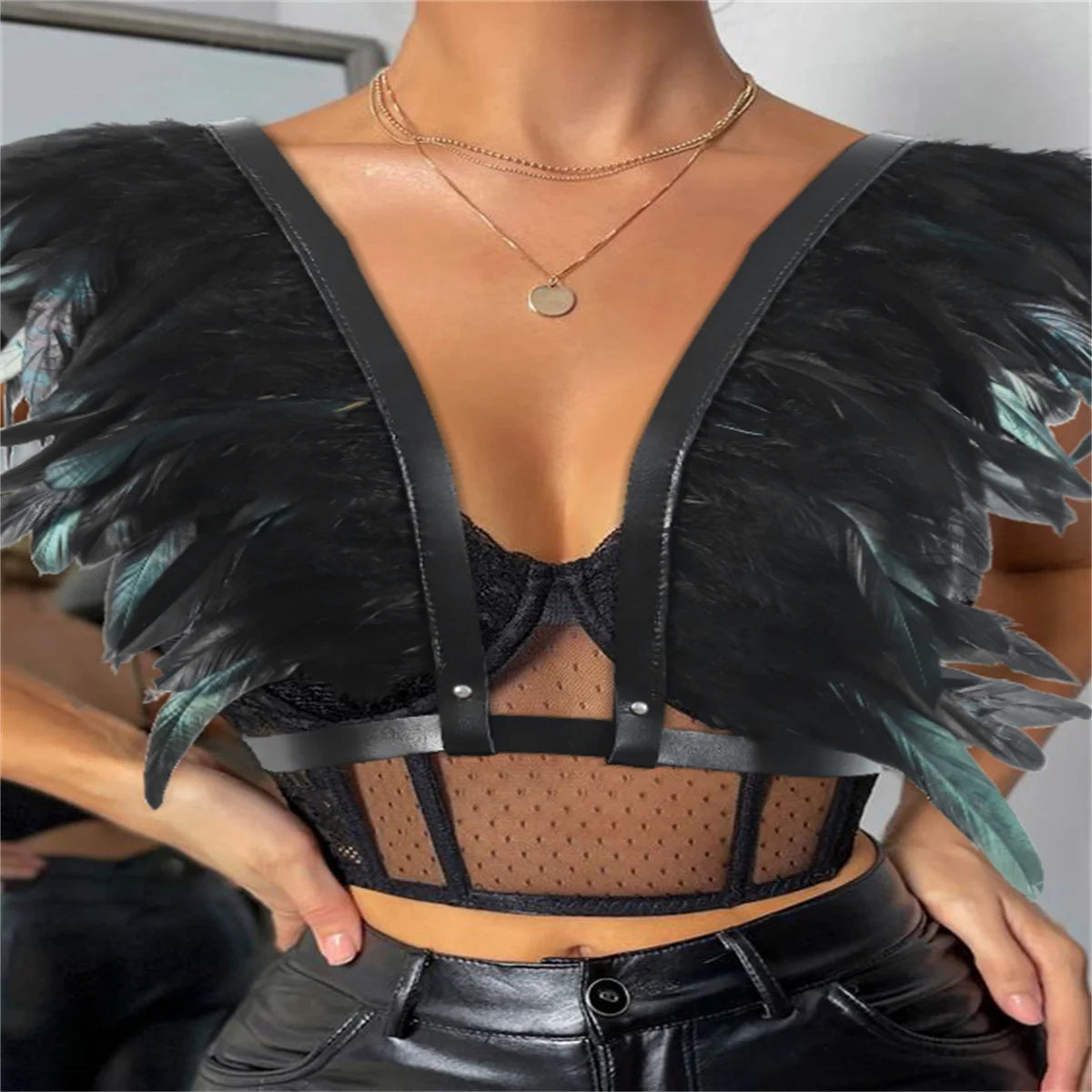 Raven - Gothic Feather Strap Black Shawl Harness