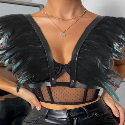 Raven - Gothic Feather Strap Black Shawl Harness