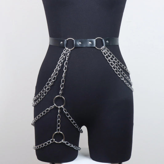 Damina - Gothic Thigh Leg Harness, PU Leather Belt with Chains