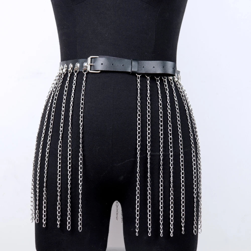 Morgause - Gothic Long Tassel Metal Chain Waist Belt PU Leather Harness