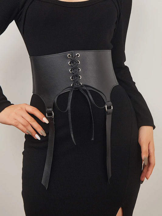 Beleth - Gothic Lace Up Corset Underbust Belt, PU Leather