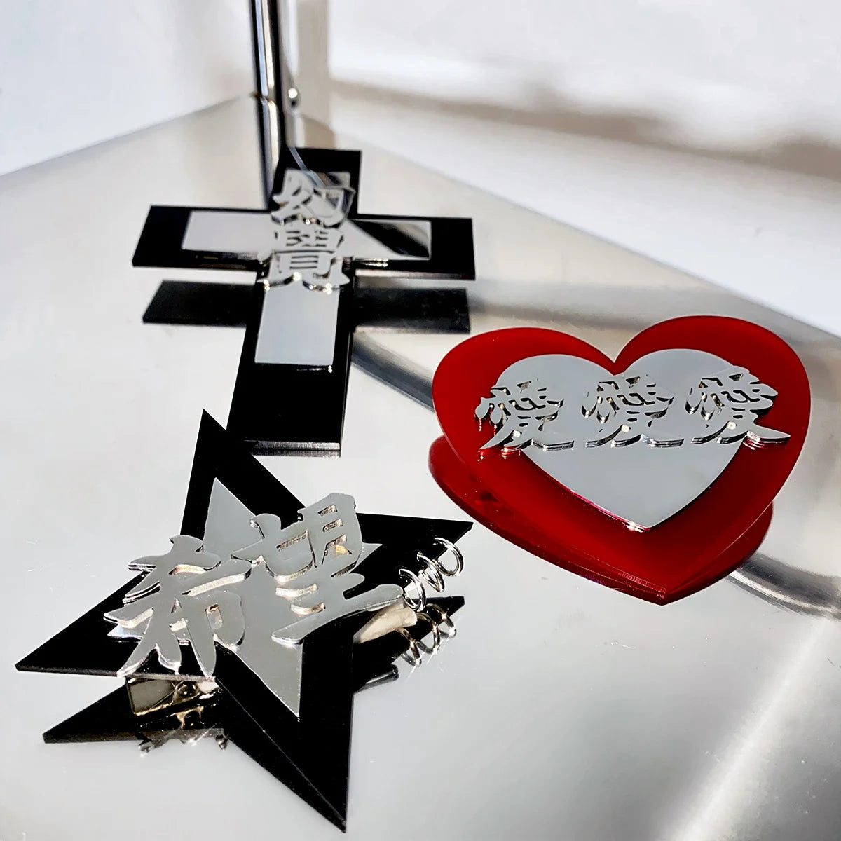 Handmade Cyber Gothic Chinese Letters Cross Heart Shaped Metal Hairpins