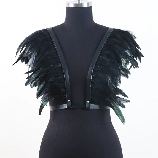 Raven - Gothic Feather Strap Black Shawl Harness