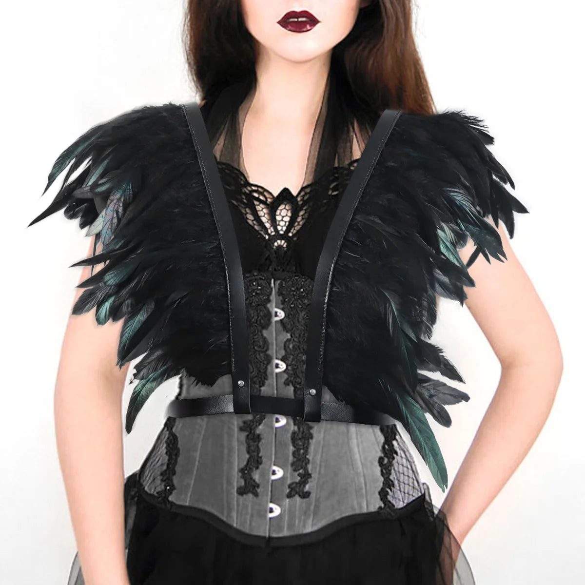 Raven - Gothic Feather Strap Black Shawl Harness