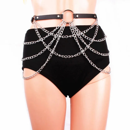 Lilura - Gothic Layered Chains Belt, Pu Leather, O-Ring