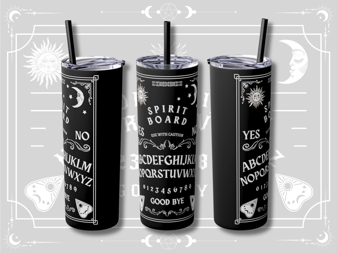 Ouija Gothic Black Skinny Tumbler with Straw, 20oz , Gothic Drinkware