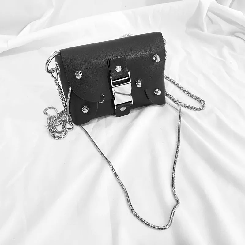 Handmade Harajuku Buckles Chains One Shoulder Bag Y2k Rivets Streetwear Black Bag