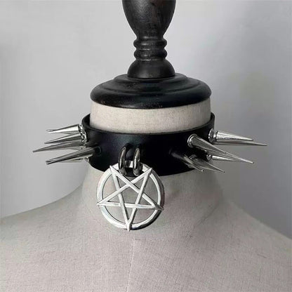 Nocturne Nexus Choker - Pentagram Spiked Gothic Choker, Black and Transparent Handmade