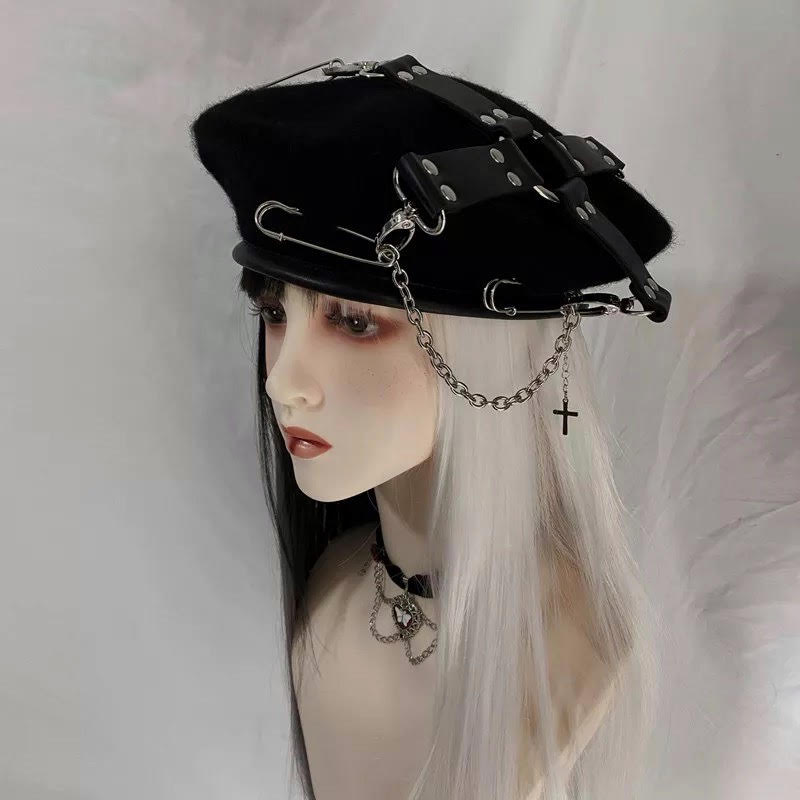 Gothic Handmade Pu Cross Buckles Movable Pins Women's Beret Punk Hat