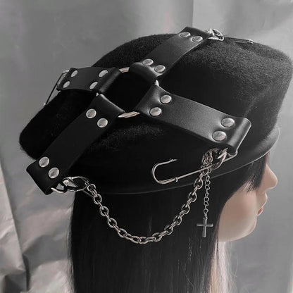 Gothic Handmade Pu Cross Buckles Movable Pins Women's Beret Punk Hat