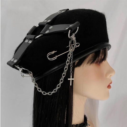 Gothic Handmade Pu Cross Buckles Movable Pins Women's Beret Punk Hat